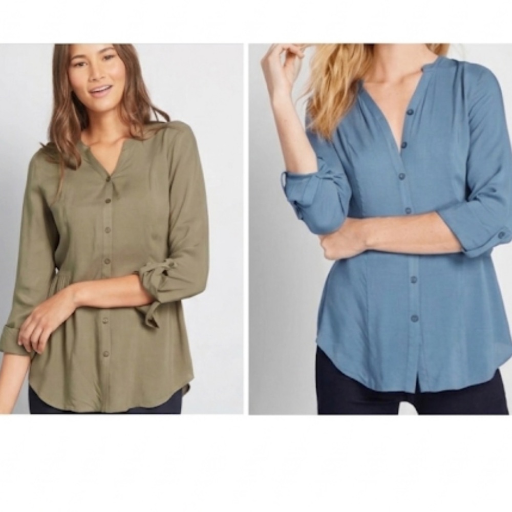 ModCloth Trusty Travel Button-Up Top Slate Blue Olive Green XL